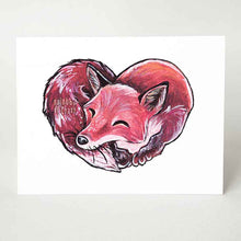 Load image into Gallery viewer, a greeting card with art of a sleeping red fox, forming the shape of a heart
