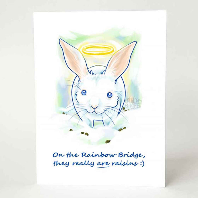greeting card, illustrated with a whtie rabbit with a halo, sitting on the clouds, surrounded by what looks like rabbit poop. the front reads, 