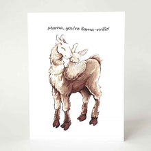 Load image into Gallery viewer, A greeting card with an illustration of a white and brown llama, with a baby llama curled up on its back. The card reads, &quot;Mama, you&#39;re llama-rrific!&quot;
