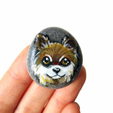 Load image into Gallery viewer, beach stone hand painted with a dog portrait of a brown and white chihuahua
