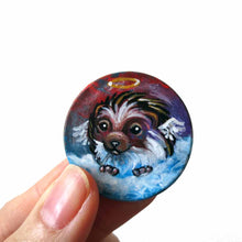 Load image into Gallery viewer, miniature art of a hedgehog angel, painted on a small wood circle, available as a keepsake, magnet or a necklace
