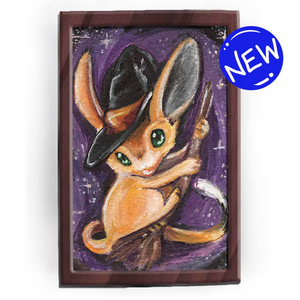 painting of a jerboa wearing a witch hat, holding a broom