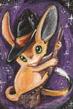 Load image into Gallery viewer, painting of a jerboa wearing a witch hat, holding a broom
