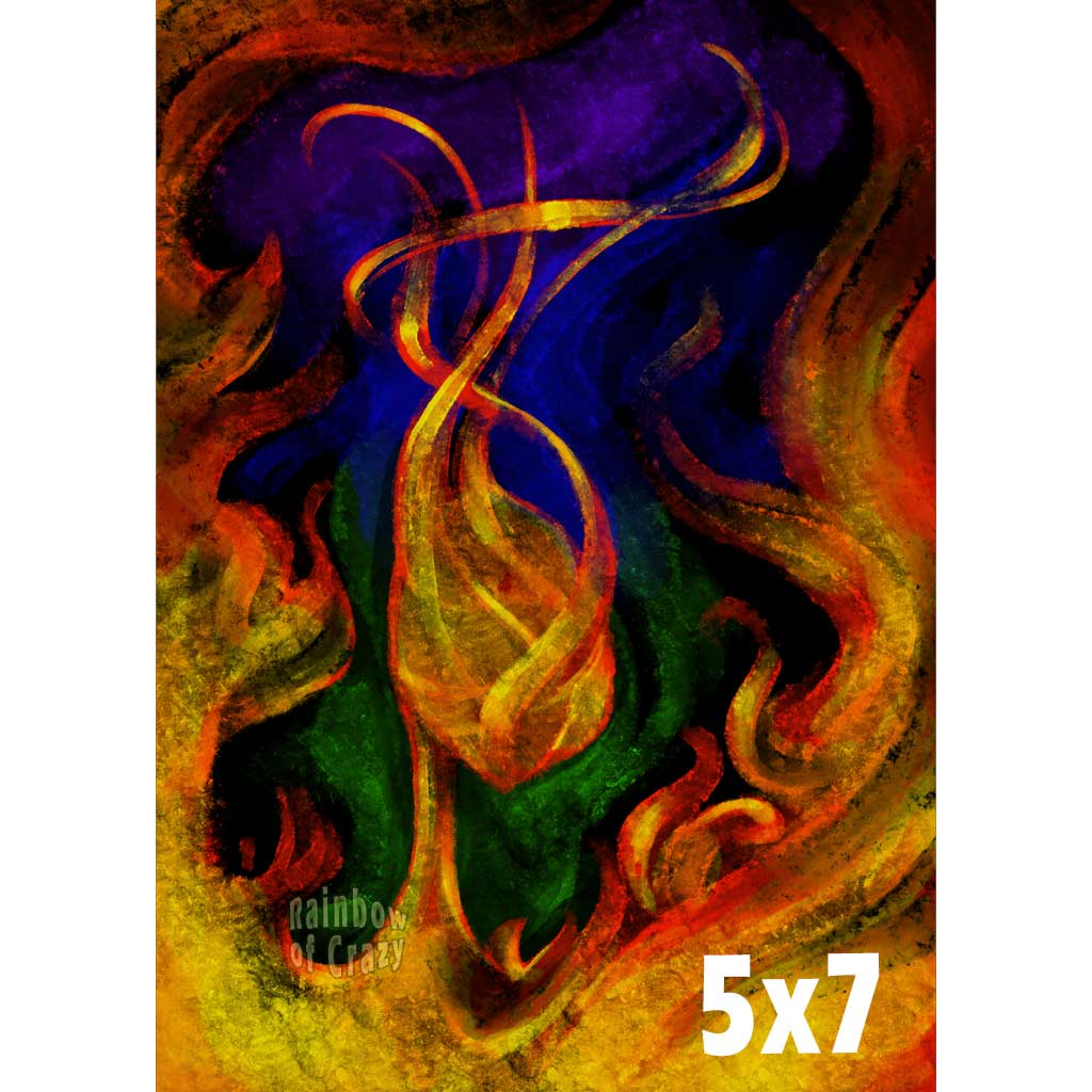 an surreal illustration of a figure's head and neck, made out of fire. long flames swirl from the head, high into the sky. flames also crawl up the sides of the picture. the background starts off purple at the top, blue in the middle, and green on the bottom. 