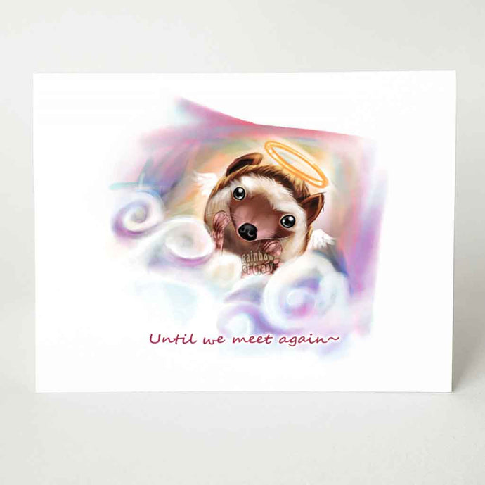 A greeting card, features art of a hedgehog as an angel, with wings and a halo, sitting on clouds. It reads, 