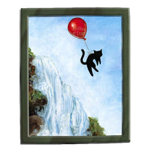 Load image into Gallery viewer, an illustration of a black cat with a red balloon tied to is waist, floating through the blue eyes, over a waterfall. this piece is available as an art print
