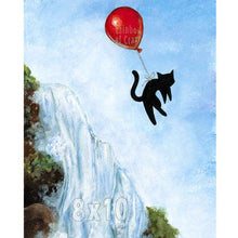 Load image into Gallery viewer, an illustration of a black cat with a red balloon tied to is waist, floating through the blue eyes, over a waterfall. this piece is available as an art print
