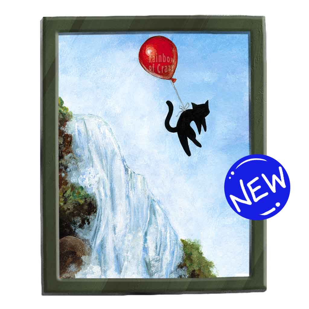 an illustration of a black cat with a red balloon tied to is waist, floating through the blue eyes, over a waterfall. this piece is available as an art print