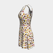 Load image into Gallery viewer, the Beer Lovers Dress: a white skater-style dress with a scoop neck and flared skirt, printed with illustrated beer styles in different drink glasses.
