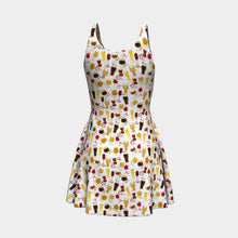 Load image into Gallery viewer, the Beer Lovers Dress: a white skater-style dress with a scoop neck and flared skirt, printed with illustrated beer styles in different drink glasses.
