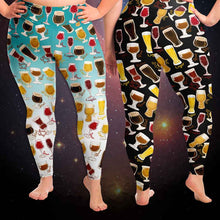 Load image into Gallery viewer, unisex beer lovers plus yoga leggings, in the colour blue-white, and black, printed with a variety of different styles of beer in different styles of glasses
