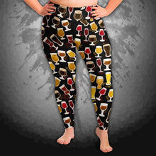 Load image into Gallery viewer, unisex beer lovers plus yoga leggings, in the colour black, printed with a variety of different styles of beer in different styles of glasses
