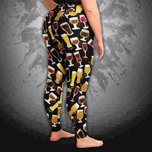 Load image into Gallery viewer, unisex beer lovers plus yoga leggings, in the colour black, printed with a variety of different styles of beer in different styles of glasses
