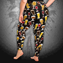 Load image into Gallery viewer, unisex beer lovers plus yoga leggings, in the colour black, printed with a variety of different styles of beer in different styles of glasses
