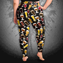 Load image into Gallery viewer, unisex beer lovers plus yoga leggings, in the colour black, printed with a variety of different styles of beer in different styles of glasses
