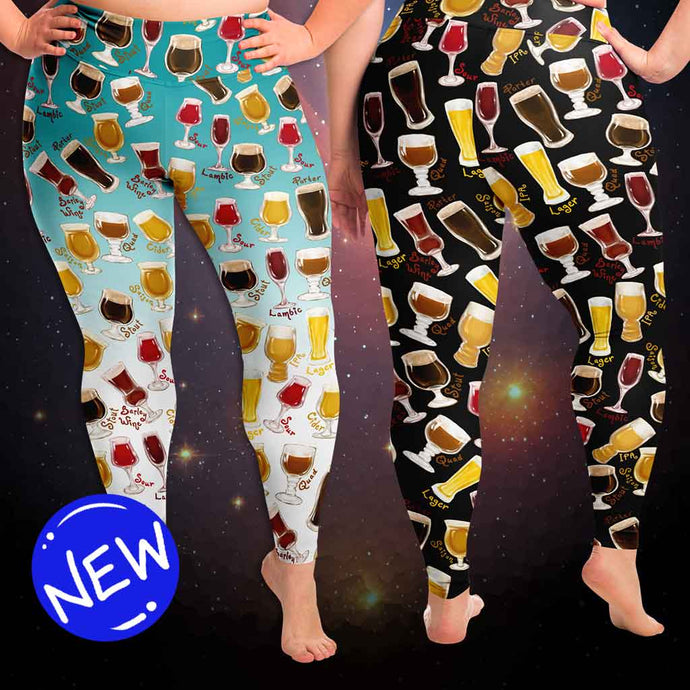 unisex beer lovers plus yoga leggings, in the colour blue-white, and black, printed with a variety of different styles of beer in different styles of glasses