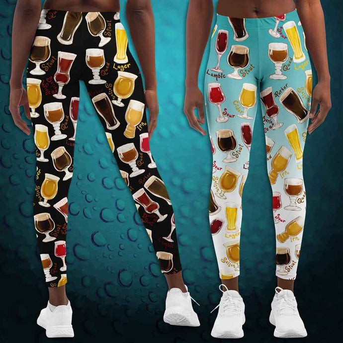 unisex beer lovers leggings, available in the colours black, and blue-white, printed with a variety of different styles of beer in different styles of glasses