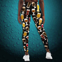 Load image into Gallery viewer, unisex beer lovers leggings, in the colour black, printed with a variety of different styles of beer in different styles of glasses
