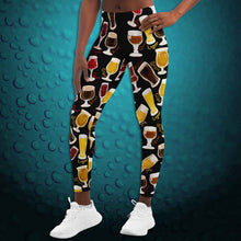 Load image into Gallery viewer, unisex beer lovers leggings, in the colour black, printed with a variety of different styles of beer in different styles of glasses
