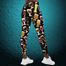 Load image into Gallery viewer, unisex beer lovers leggings, in the colour black, printed with a variety of different styles of beer in different styles of glasses
