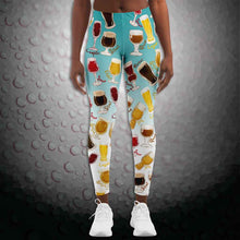 Load image into Gallery viewer, unisex beer lovers leggings, in the colour blue-white, printed with a variety of different styles of beer in different styles of glasses
