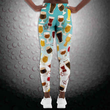 Load image into Gallery viewer, unisex beer lovers leggings, in the colour blue-white, printed with a variety of different styles of beer in different styles of glasses
