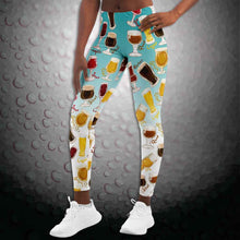 Load image into Gallery viewer, unisex beer lovers leggings, in the colour blue-white, printed with a variety of different styles of beer in different styles of glasses
