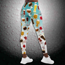 Load image into Gallery viewer, unisex beer lovers leggings, in the colour blue-white, printed with a variety of different styles of beer in different styles of glasses
