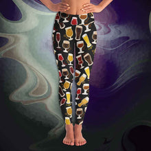 Load image into Gallery viewer, unisex beer lovers yoga leggings, in the colour black, printed with a variety of different styles of beer in different styles of glasses
