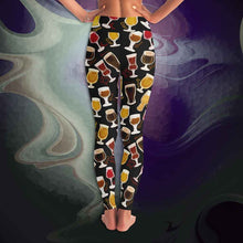 Load image into Gallery viewer, unisex beer lovers yoga leggings, in the colour black, printed with a variety of different styles of beer in different styles of glasses
