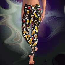 Load image into Gallery viewer, unisex beer lovers yoga leggings, in the colour black, printed with a variety of different styles of beer in different styles of glasses
