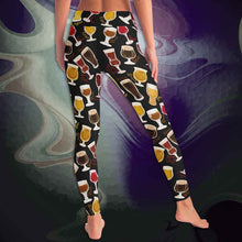 Load image into Gallery viewer, unisex beer lovers yoga leggings, in the colour black, printed with a variety of different styles of beer in different styles of glasses
