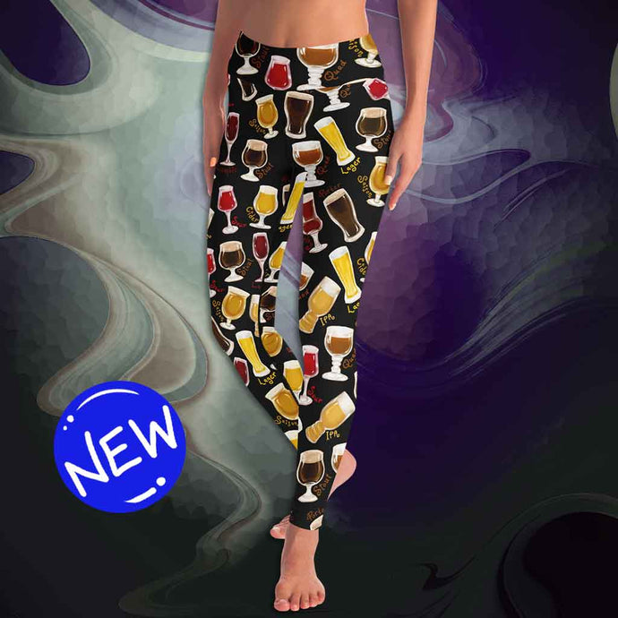 unisex beer lovers yoga leggings, in the colour black, printed with a variety of different styles of beer in different styles of glasses
