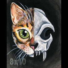 Load image into Gallery viewer, an art print, with an illustration of a portrait split into two halves: the left side features a bengal cat&#39;s face, and the right side features an evil looking cat skull
