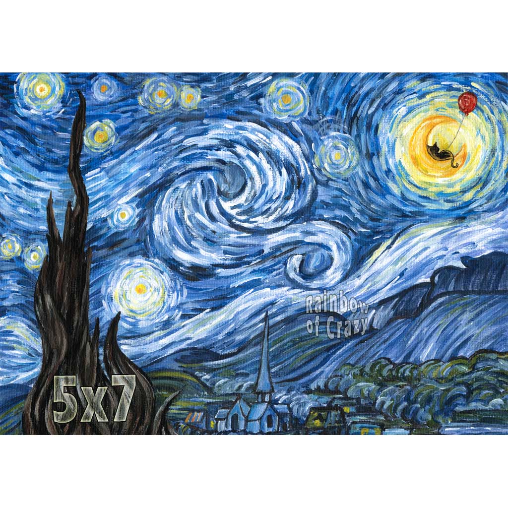 Black Cat Starry Night / Art Print