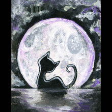 Load image into Gallery viewer, illustration of a silhouette of a black cat against the bright full moon, available as an art print
