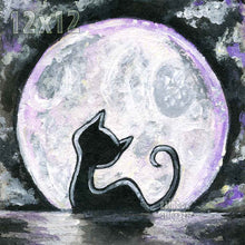 Load image into Gallery viewer, illustration of a silhouette of a black cat against the bright full moon, available as an art print
