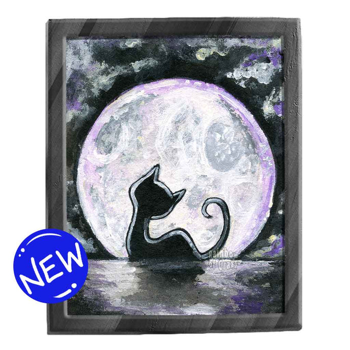 illustration of a silhouette of a black cat against the bright full moon, available as an art print