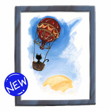Load image into Gallery viewer, an illustration of a black cat in a victorian-style hot air balloon, flying through the blue sky with the sun in the background. available as an art print. 
