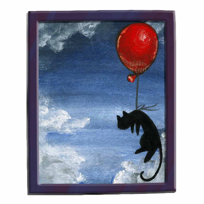 illustration features a black cat floating through the cloudy, dark blue sky, tethered to a vibrant red balloon. available as an art print