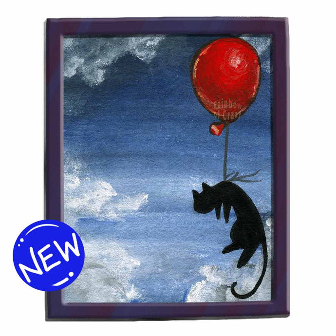 illustration features a black cat floating through the cloudy, dark blue sky, tethered to a vibrant red balloon. available as an art print