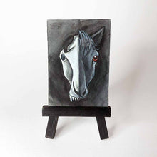 Load image into Gallery viewer, ACEO painting split into two halves: one side featuring a horse skull, and the other a black horse&#39;s face
