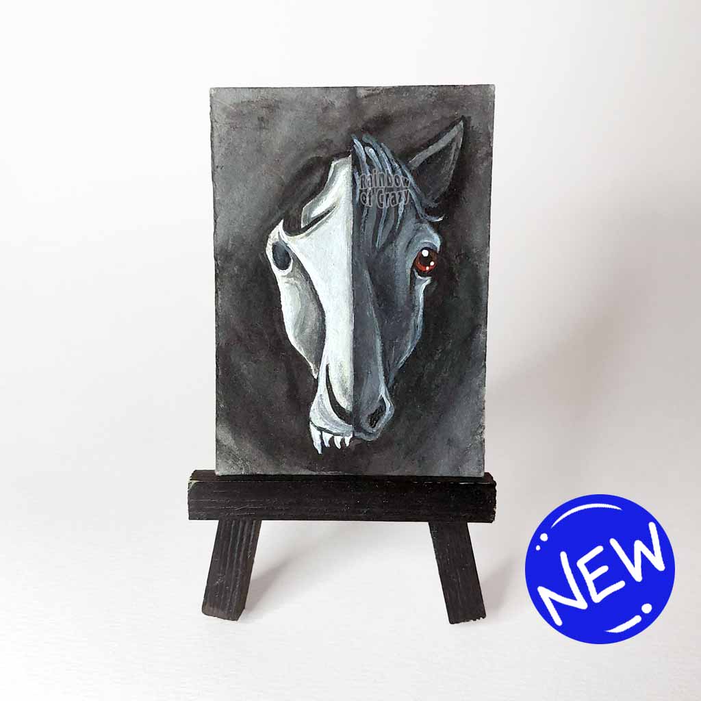 ACEO painting split into two halves: one side featuring a horse skull, and the other a black horse's face