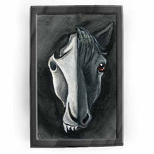 Load image into Gallery viewer, illustration split into two sides, a black horse&#39;s face on the left and a creepy horse skull on the right. available as an art print
