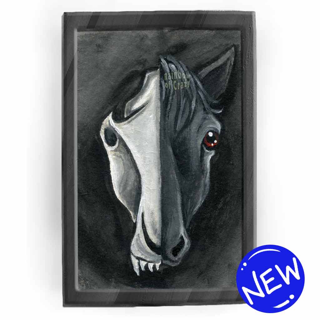 illustration split into two sides, a black horse's face on the left and a creepy horse skull on the right. available as an art print