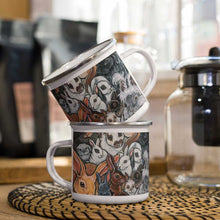 Load image into Gallery viewer, Two 12 oz white enamel mugs features art of several different bunny rabbit breeds
