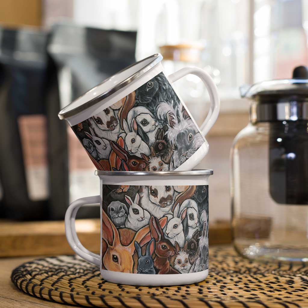 Two 12 oz white enamel mugs features art of several different bunny rabbit breeds