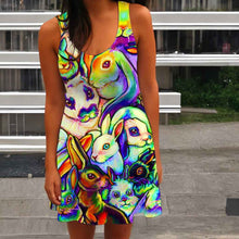 Load image into Gallery viewer, a person wearing the Bunny Lovers Rainbow Dress, featuring an illustration of many different rabbit breeds, painted in rainbow colours
