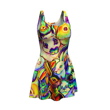 Load image into Gallery viewer, the Bunny Lovers Rainbow Dress, featuring an illustration of many different rabbit breeds, painted in rainbow colours
