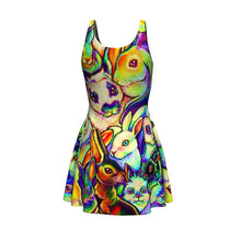 Load image into Gallery viewer, the Bunny Lovers Rainbow Dress, featuring an illustration of many different rabbit breeds, painted in rainbow colours
